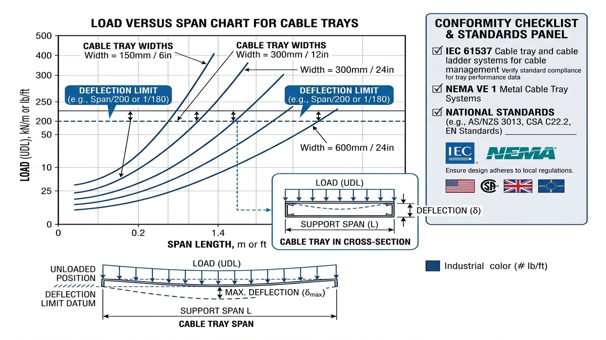 Cable tray load versus span chart with deflection limit and IEC NEMA standards checklist.