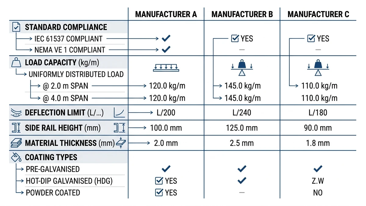 Compare Cable Tray Manufacturers: 2026 Buyer Checklist supporting image: cable tray manufacturer standards load corrosion comparison grid 01