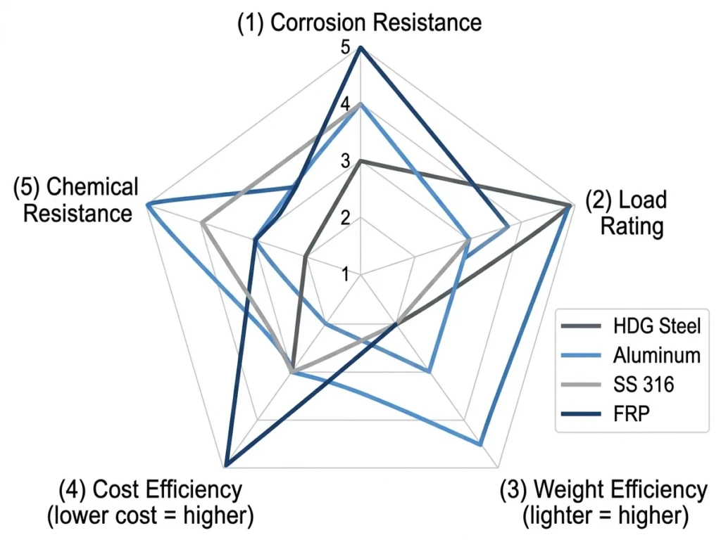 Radar chart comparing HDG steel, aluminum, stainless steel 316, and FRP cable tray materials across five performance parameters