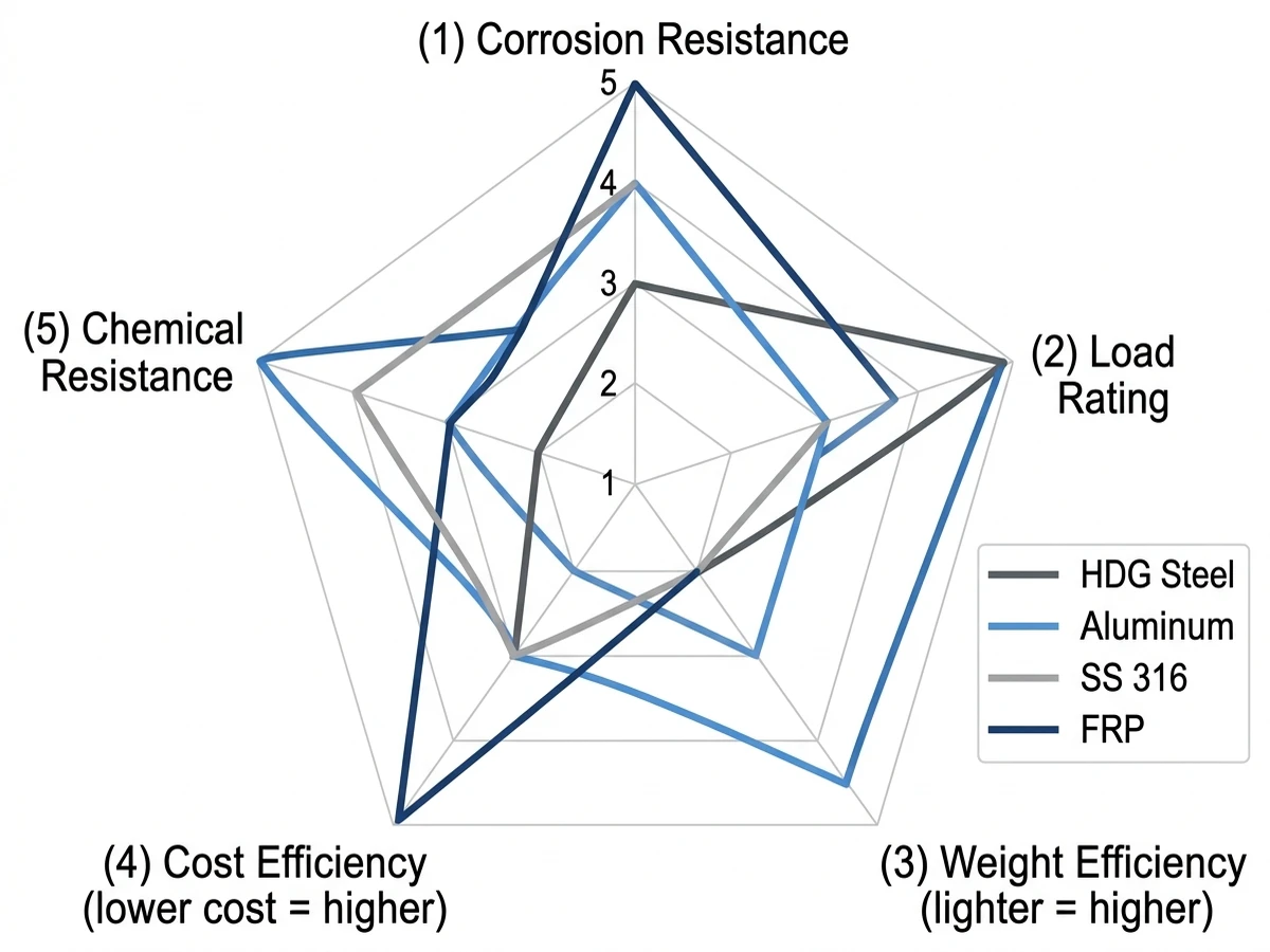 Cable tray material comparison chart for galvanized steel, stainless steel, aluminum and FRP