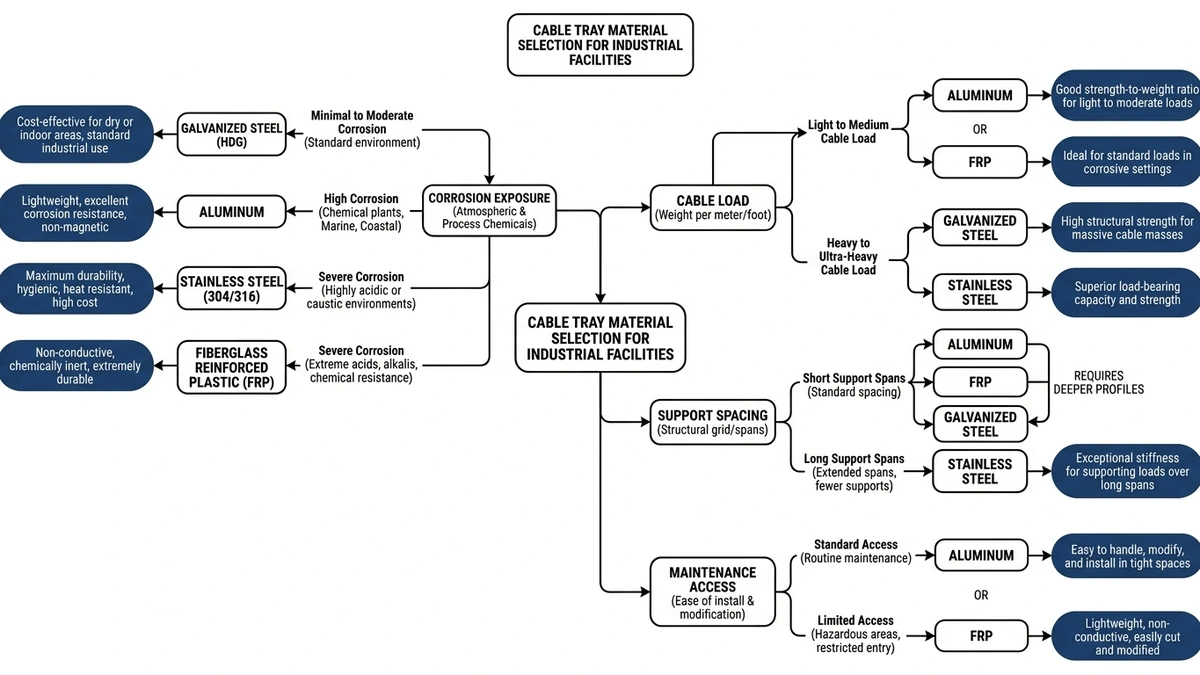 Cable tray material decision matrix for industrial facilities by load corrosion maintenance