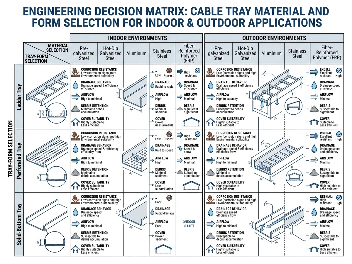 Cable tray material and cover selection matrix for indoor and outdoor environments