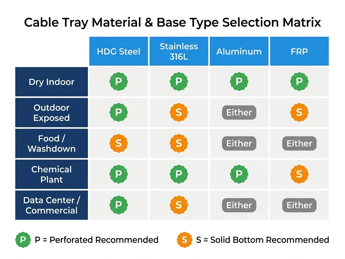Cable tray material selection matrix showing HDG steel, stainless, aluminum, and FRP by environment type