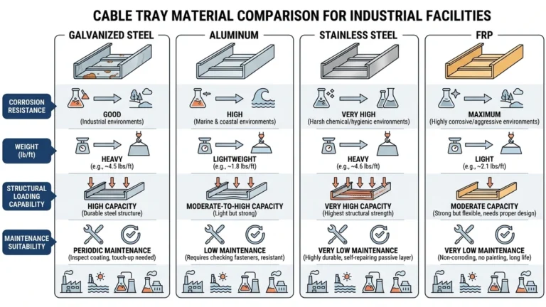 Cable tray material comparison for industrial facilities showing steel, aluminum, stainless steel, FRP