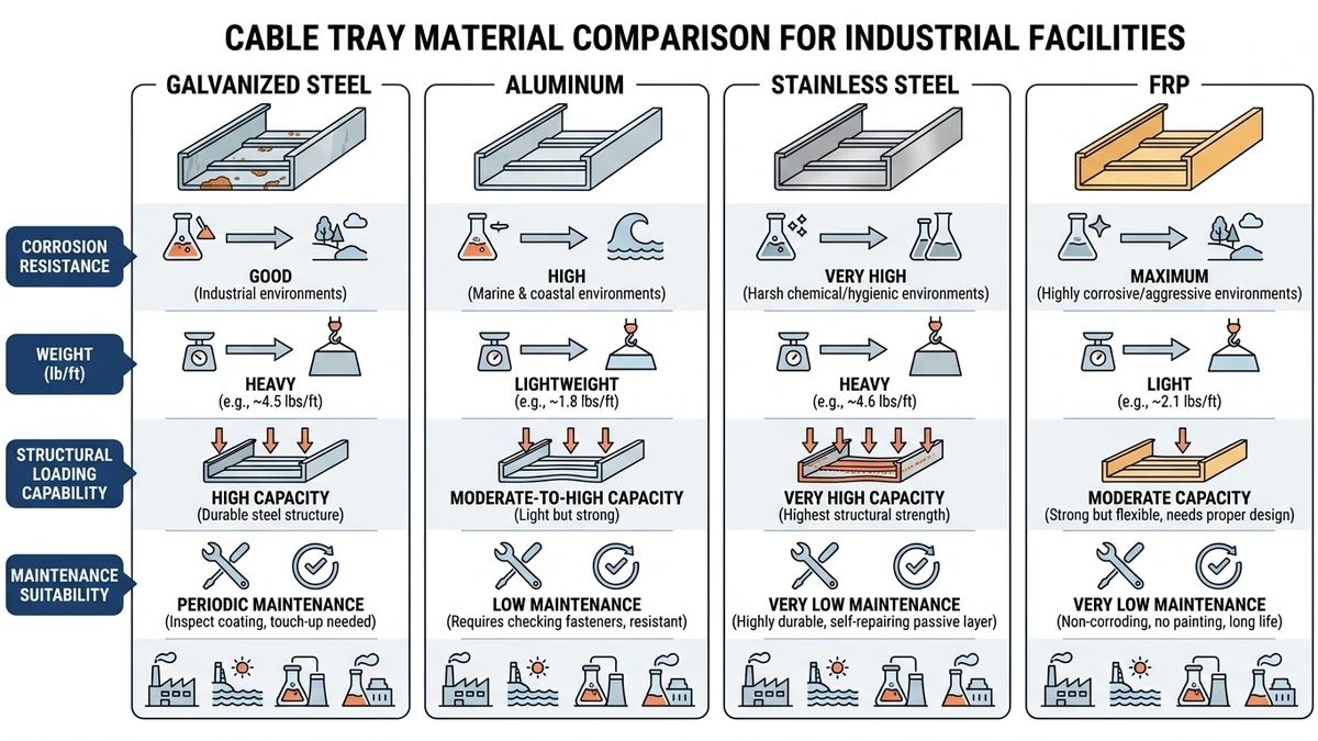 Cable tray material comparison for industrial facilities showing steel, aluminum, stainless steel, FRP