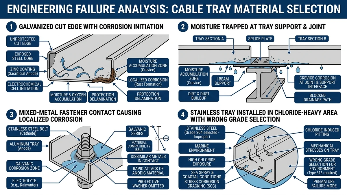 Cable tray failure points showing coating damage, moisture traps, and fastener issues