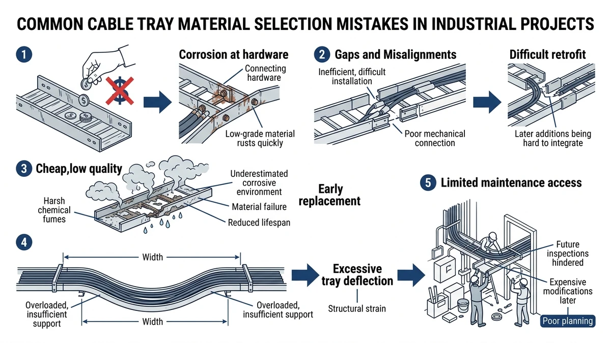 Cable tray material selection mistakes in industrial projects causing corrosion deflection rework