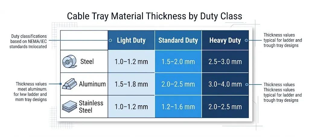 Cable tray material thickness comparison table showing light, standard, and heavy duty ranges for steel, aluminum, and stainless steel