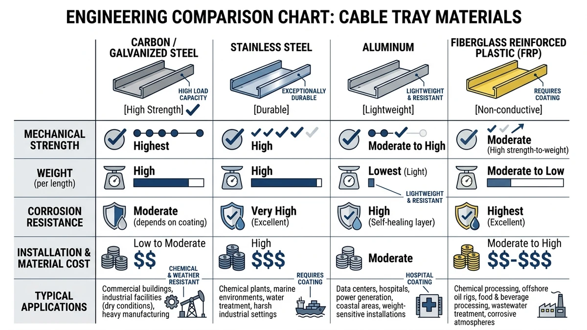 Cable tray materials comparison chart for steel, stainless, aluminum, and FRP