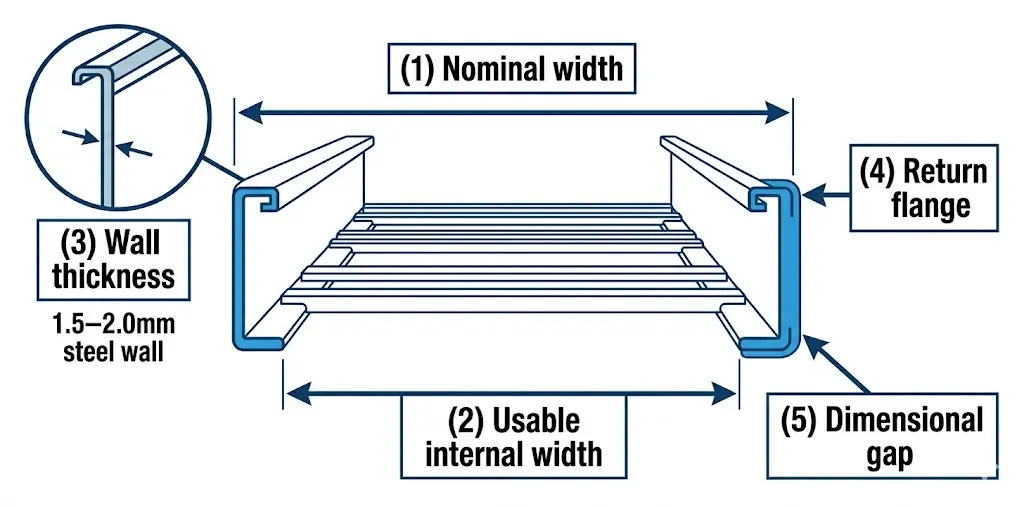Cable tray cross-section showing nominal width versus usable internal width with wall thickness and return flange labeled