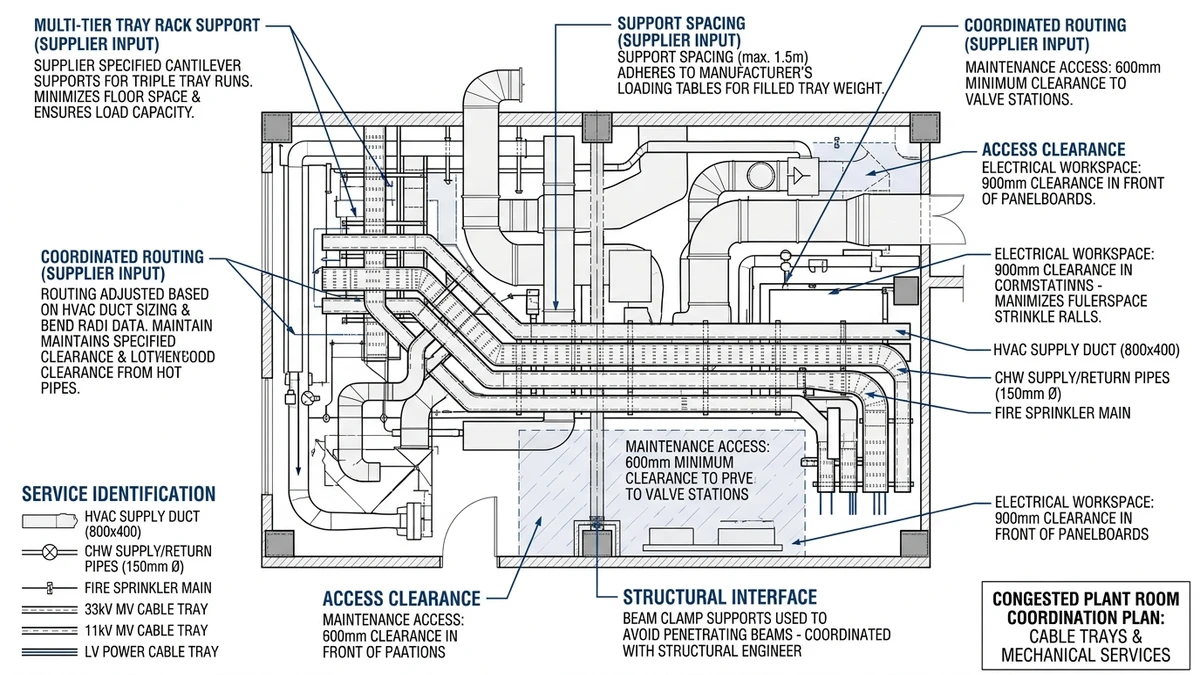 Congested plant room plan view showing coordinated cable tray routing with supports and other services.