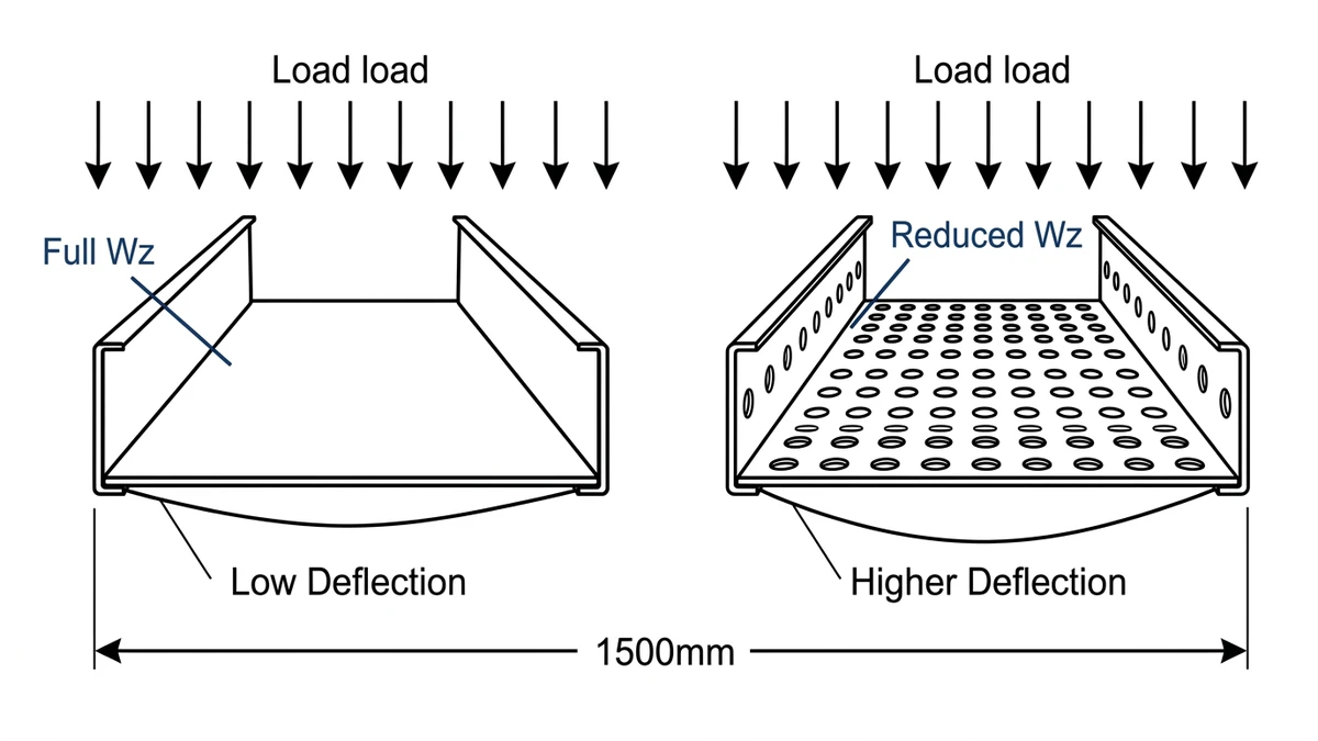 Structural diagram showing section modulus difference between perforated and solid bottom cable tray under load