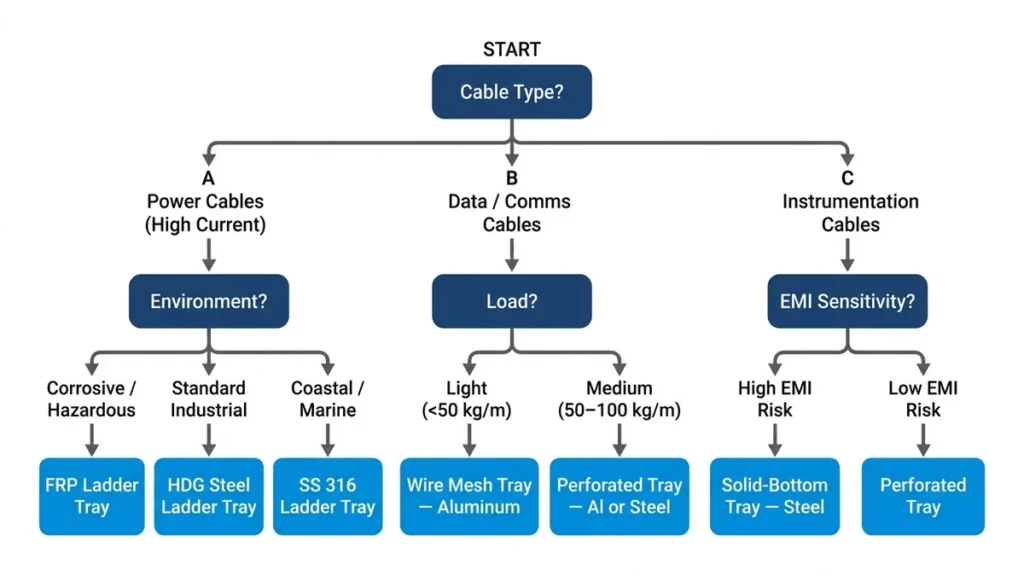 Cable tray selection decision tree flowchart from cable type through environment and load to final tray and material recommendation