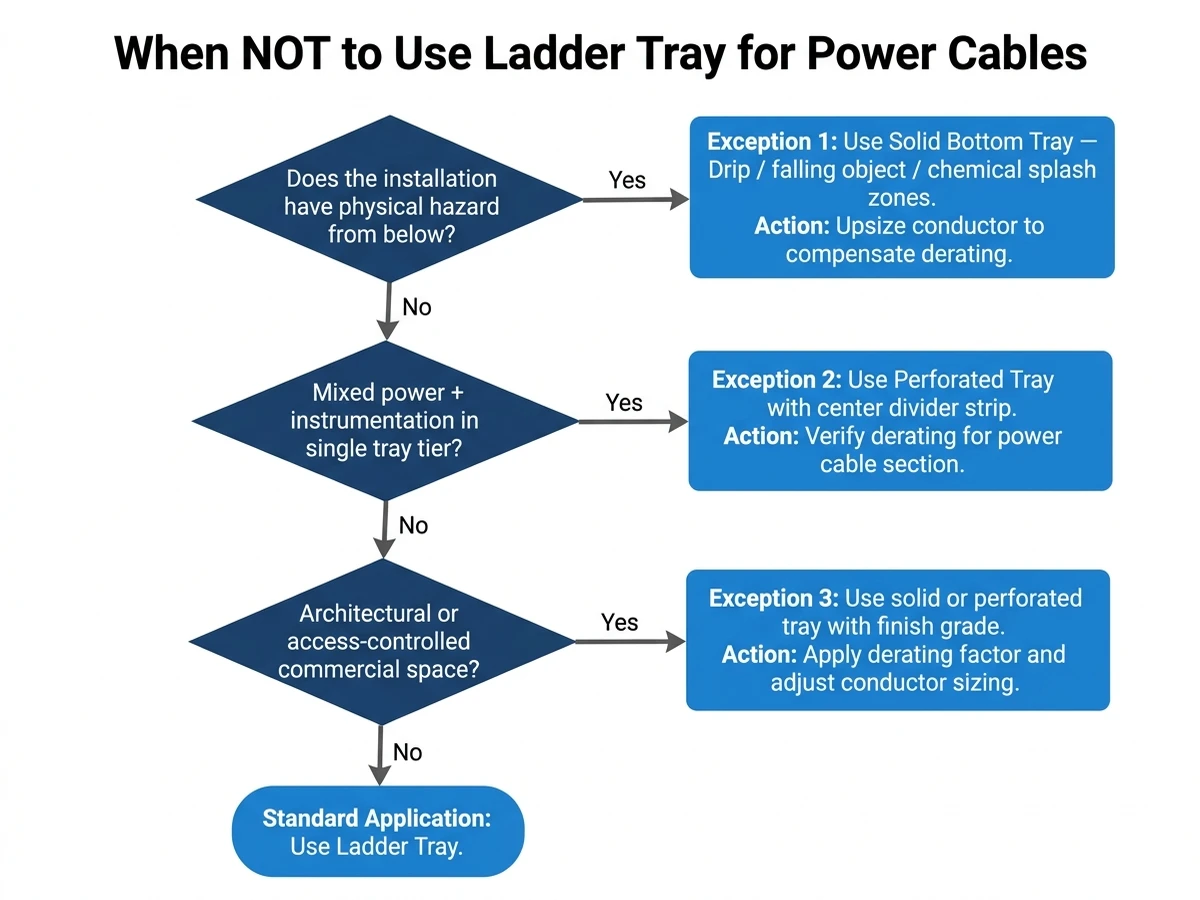 Decision flowchart showing three exceptions when solid or perforated cable tray replaces ladder tray for power cables