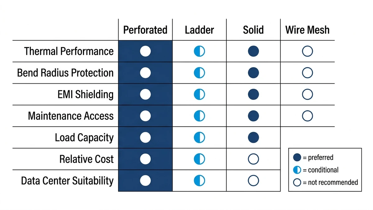 Cable tray selection matrix comparing perforated, ladder, solid, and wire mesh across seven performance criteria
