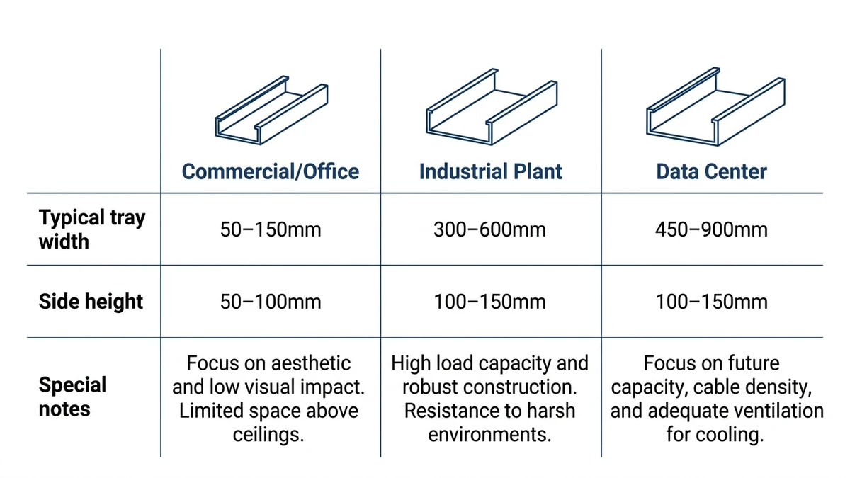 Cable tray sizing matrix for commercial, industrial and data center applications.