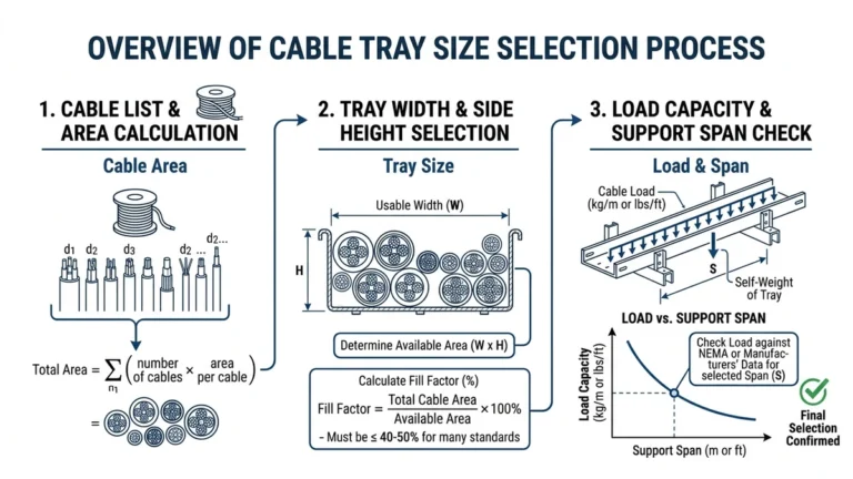 Cable tray size selection overview showing width, side height, fill and load checks.
