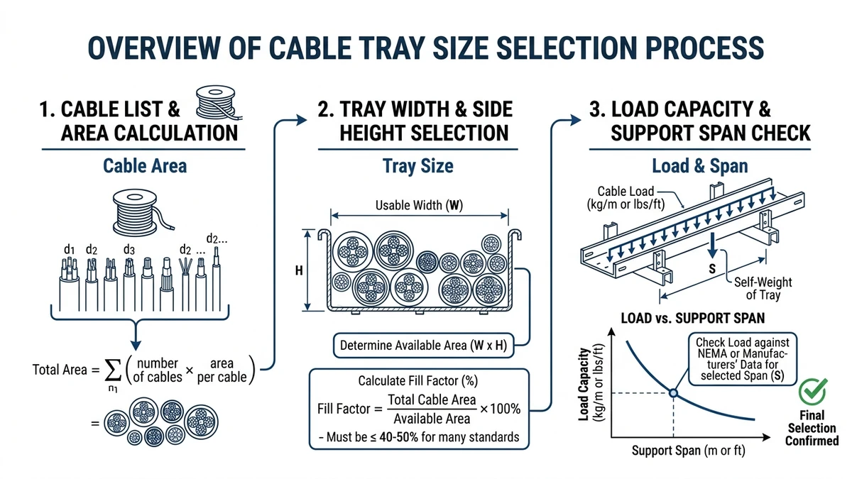 Cable tray size selection overview showing width, side height, fill and load checks.