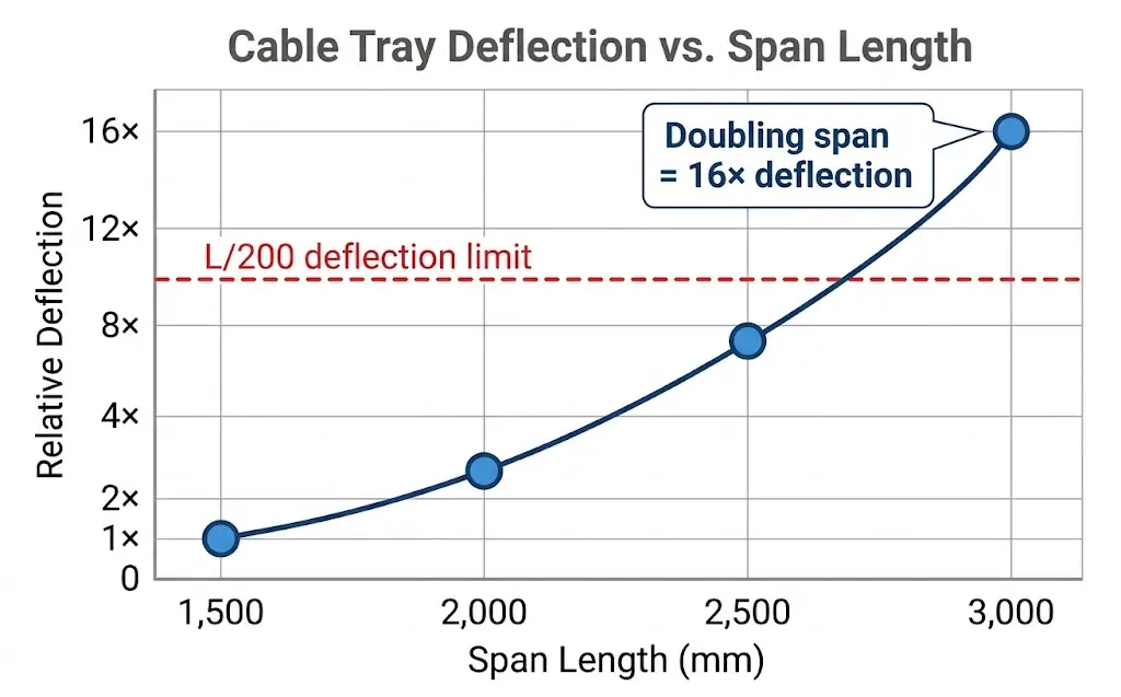 Graph showing cable tray deflection increasing at L4 power across 1500mm to 3000mm span lengths with L/200 limit line
