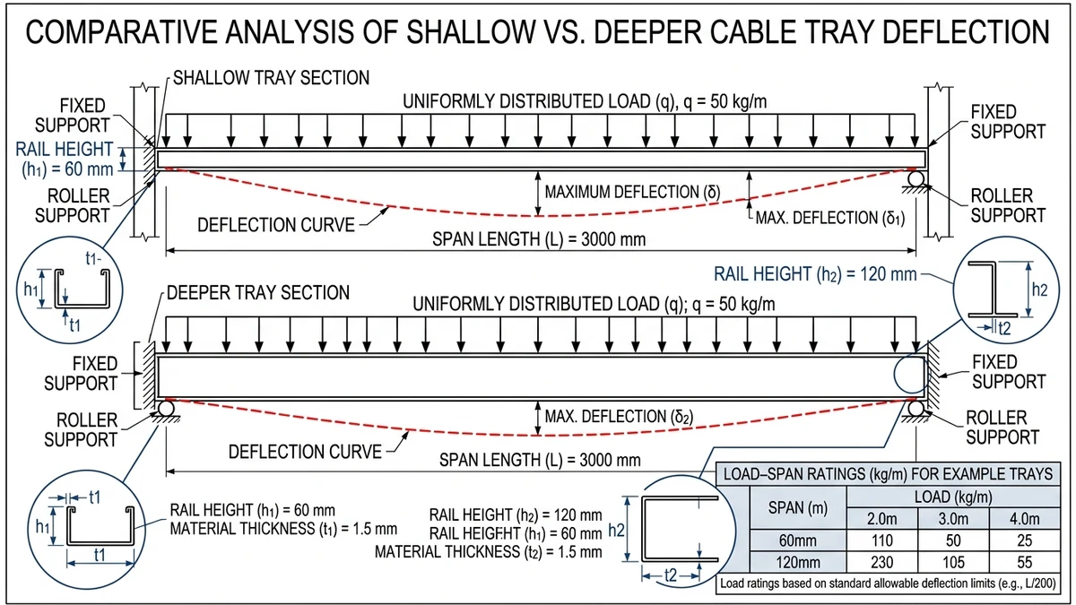Side view comparing cable trays with different rail heights, spans, and deflection under load.