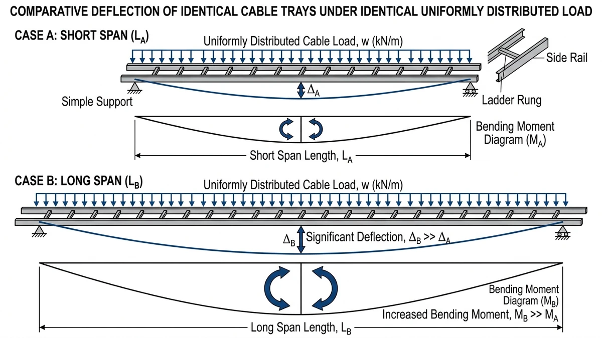 What Is Cable Tray Support? Engineer’s Practical Guide supporting image: cable tray span vs deflection diagram fig02