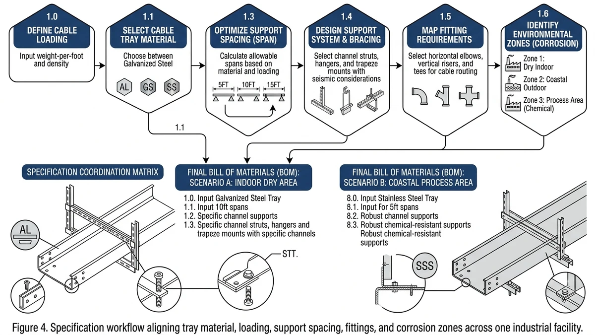 Cable tray specification coordination for material fittings supports and industrial environments