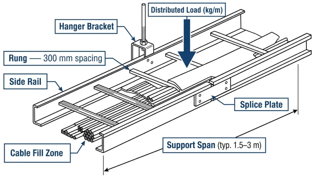 Ladder cable tray structural components showing side rails, rungs, cable fill zone, hanger bracket, and support span