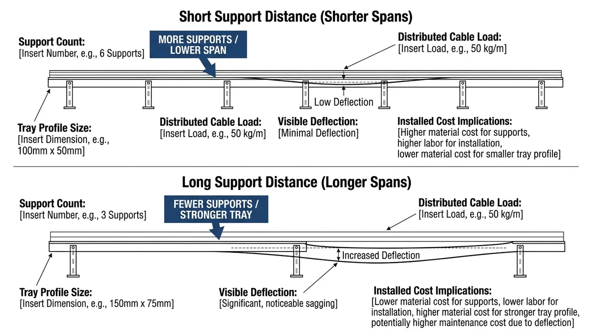 Cable tray support distance comparison showing span, supports, tray weight, and cost tradeoffs
