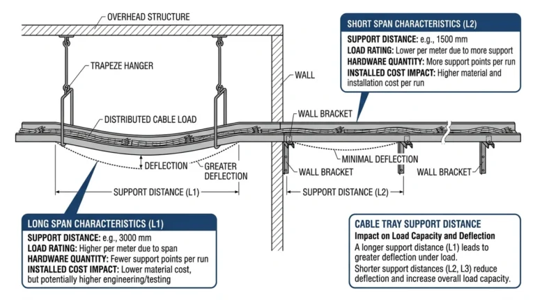 Cable tray support distance overview showing span, brackets, load, and deflection comparison