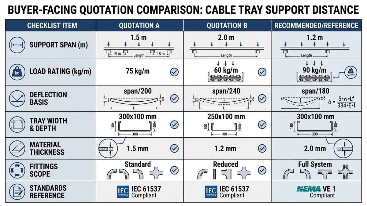 Cable tray support distance quote checklist with span, load, deflection, and standards