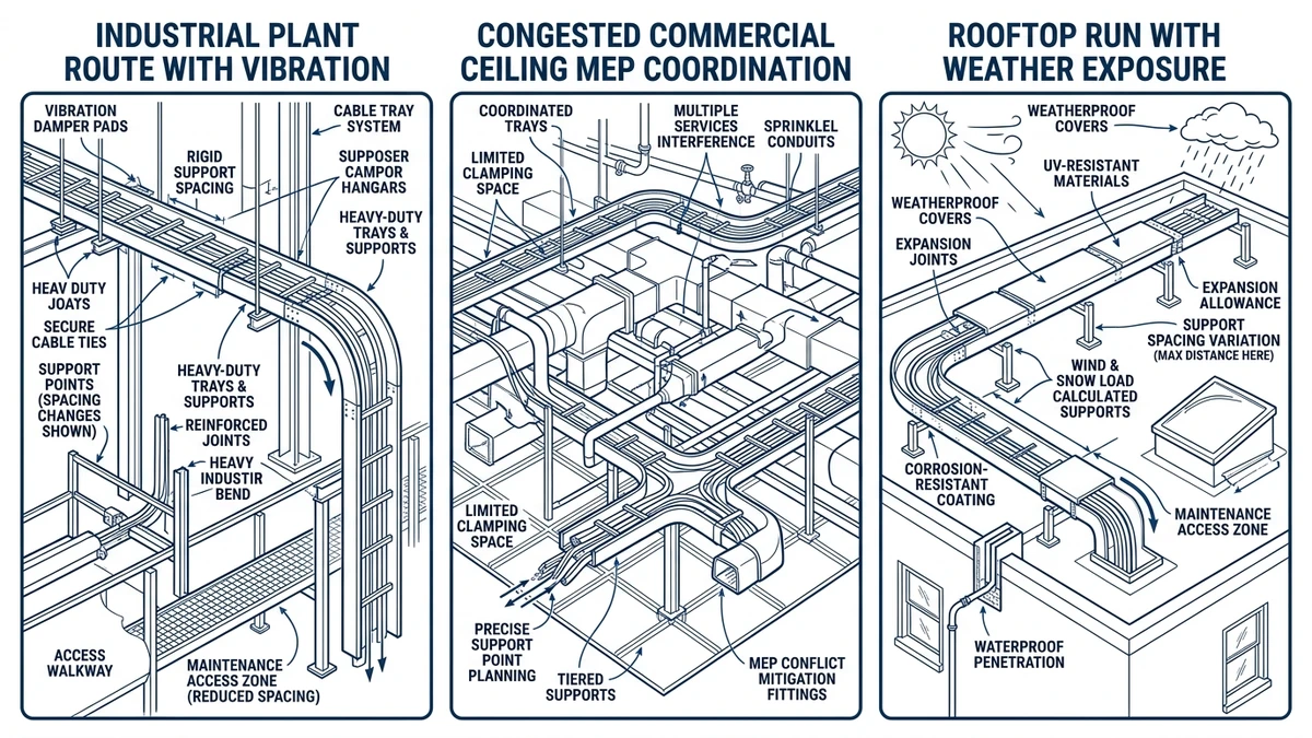 Cable tray support plan changes across industrial, rooftop, and congested ceiling routes