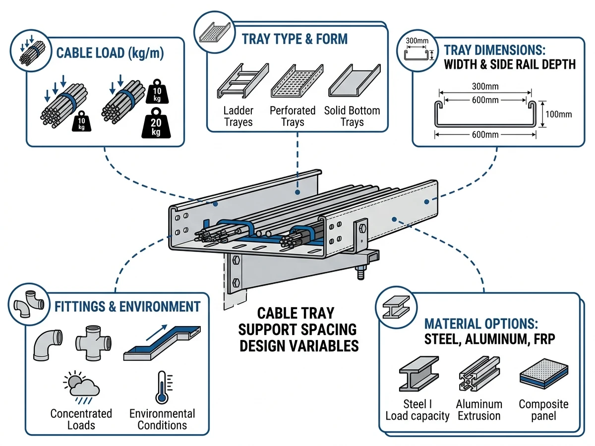 Cable tray support spacing factors showing load, material, width, fittings, and environment