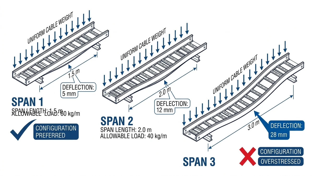 Cable tray spans at 1.5 m, 2 m, and 3 m showing increasing deflection.