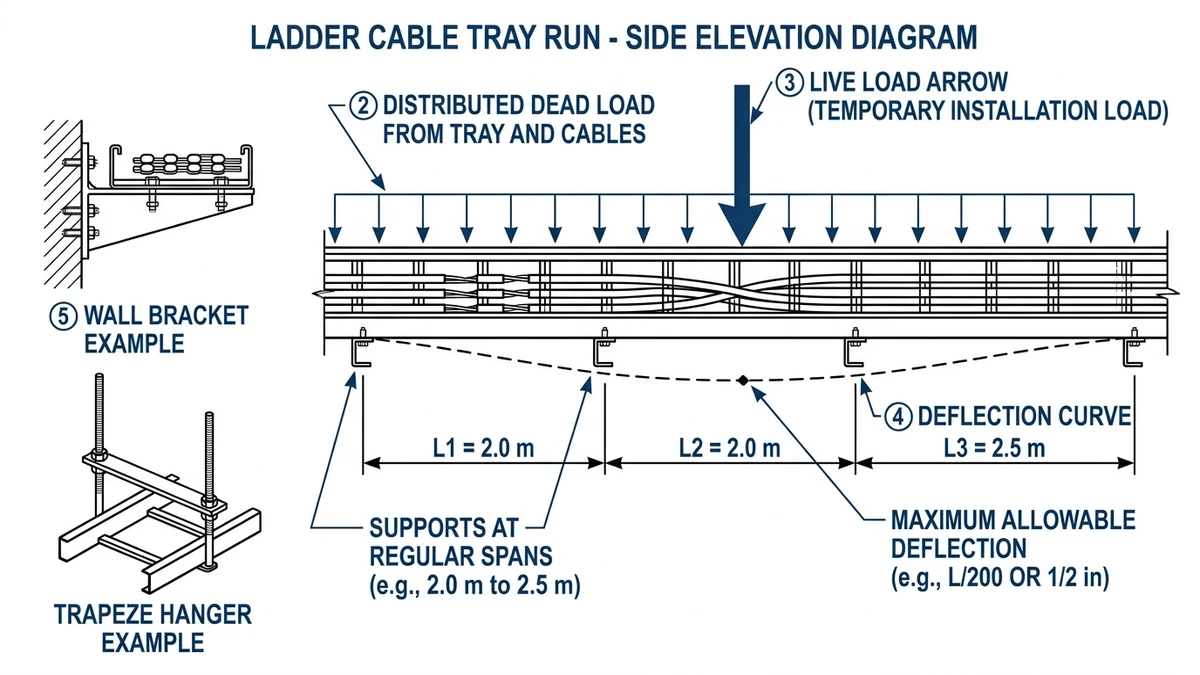 Cable tray side view showing supports, spans, load distribution, and deflection limits