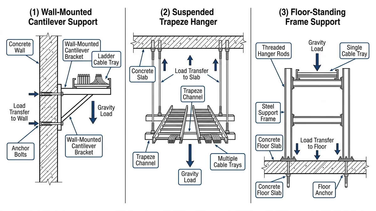 What Is Cable Tray Support? Engineer’s Practical Guide supporting image: cable tray support types load paths fig01