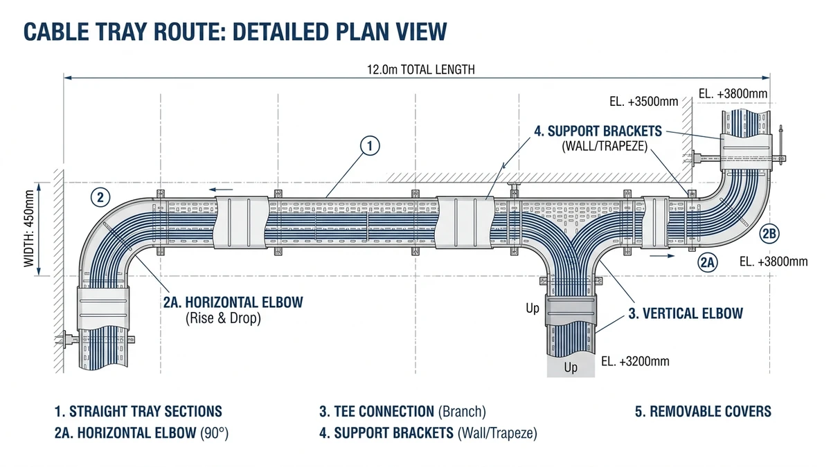 Cable tray system diagram with straight runs, fittings, supports, and covers labeled