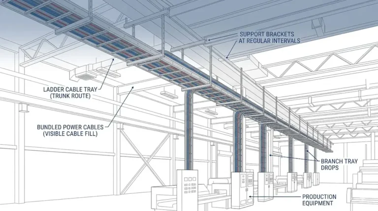 Cable tray systems routing power and control cables in an industrial facility overhead installation
