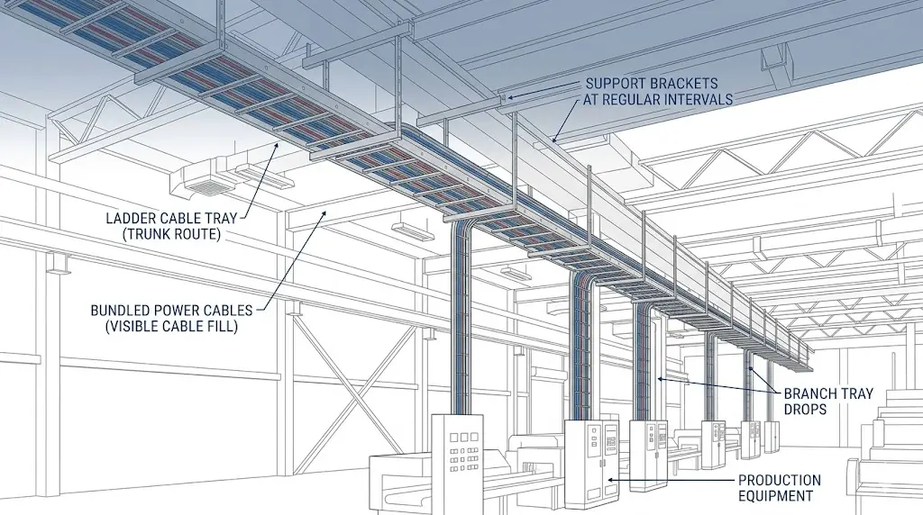 Cable tray systems routing power and control cables in an industrial facility overhead installation