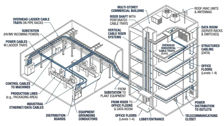 Cable tray systems supporting power and data cables in industrial and commercial building zones
