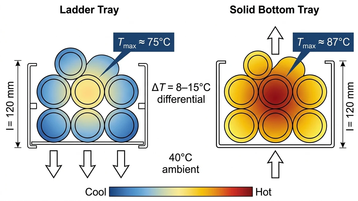 Thermal profile diagram comparing cable temperature gradient in ladder tray versus solid bottom tray under grouped load