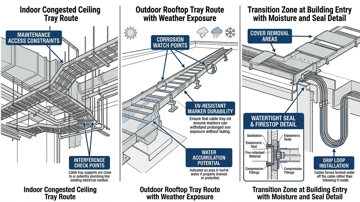 Cable tray transition zones showing indoor access limits and outdoor exposure risks