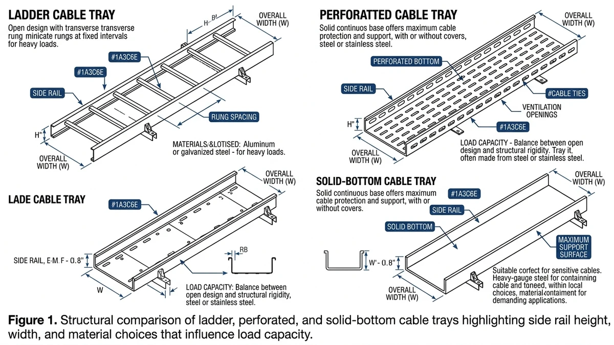 Comparison of ladder, perforated, and solid cable trays showing geometry and material effects.