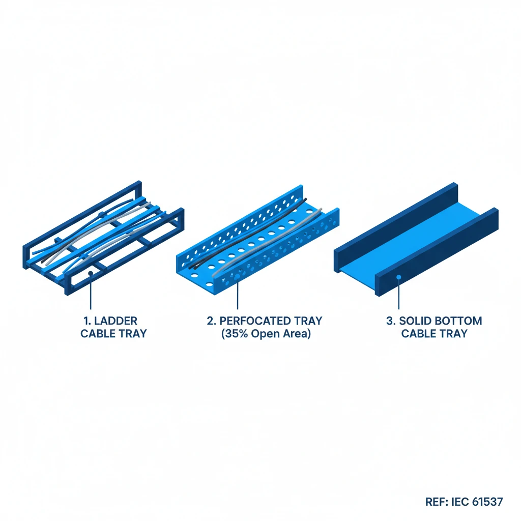 Cable tray type selection guide comparing ladder, perforated, and solid bottom trays for electrical cable management