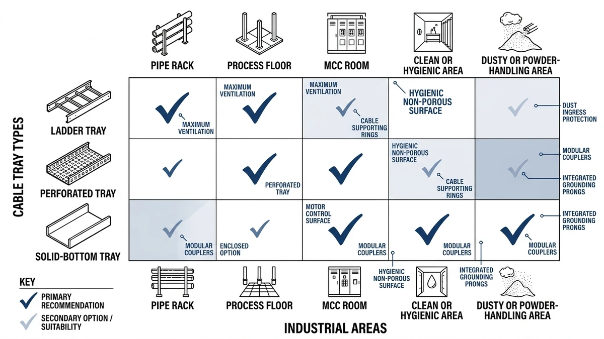 Industrial Cable Tray Applications: Ladder vs Perforated vs Solid supporting image: cable tray type vs industrial area matrix fig01