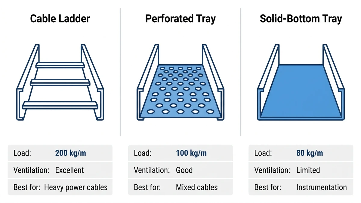 Comparison diagram of cable ladder perforated tray and solid-bottom tray cross-sections with load capacity and ventilation ratings