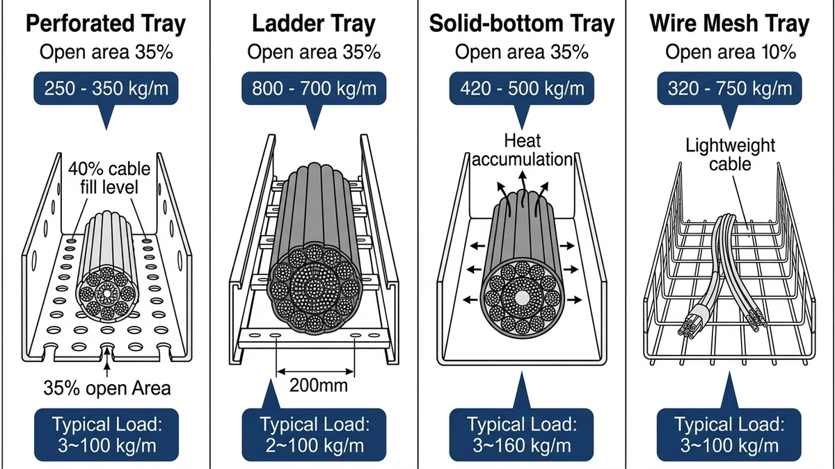 Four cable tray types cross-section diagram showing perforated, ladder, solid, and wire mesh profiles