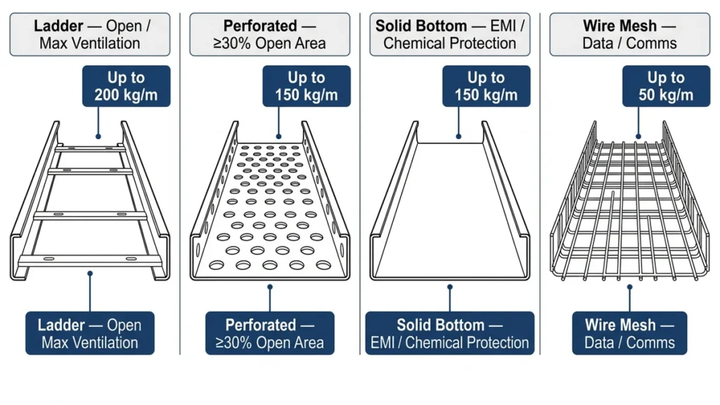Cross-section comparison of ladder, perforated, solid-bottom, and wire mesh cable tray types with load ratings labeled