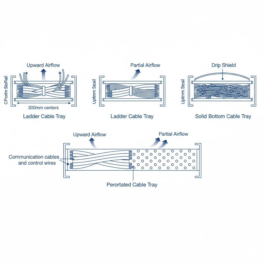 Cross-section comparison of ladder, perforated, and solid bottom cable tray showing structural and airflow differences