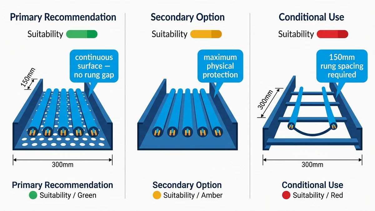 Three cable tray types compared for fiber optic suitability — perforated, solid-bottom, and ladder tray cross-sections