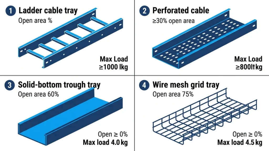 Cable tray types including ladder, perforated, solid-bottom, and wire mesh installed in industrial facility